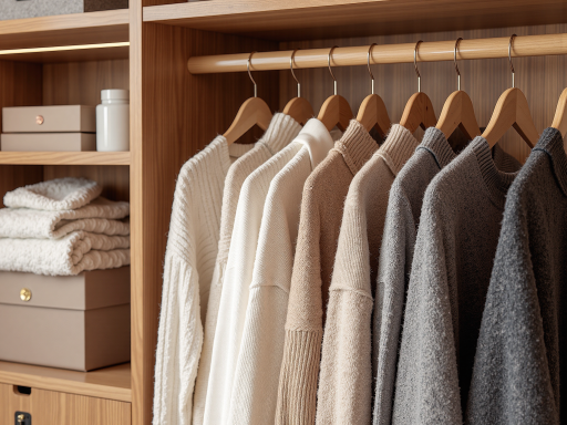 适合老年人穿着的舒适服装整齐展示，包括宽松舒适的衣物和保暖配件，背景为温馨的居家环境