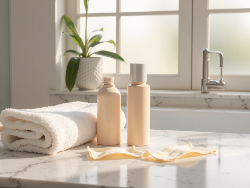 各类日化洗护产品整齐摆放，包括洗发水、沐浴露、牙膏等个人护理用品，背景为明亮的浴室环境