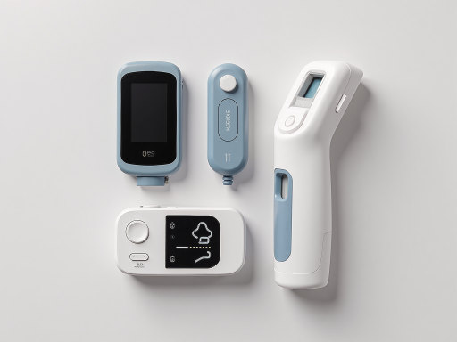 各类健康监测设备整齐摆放，包括血压计、血糖仪、体温计等医疗保健仪器，背景为整洁的白色桌面